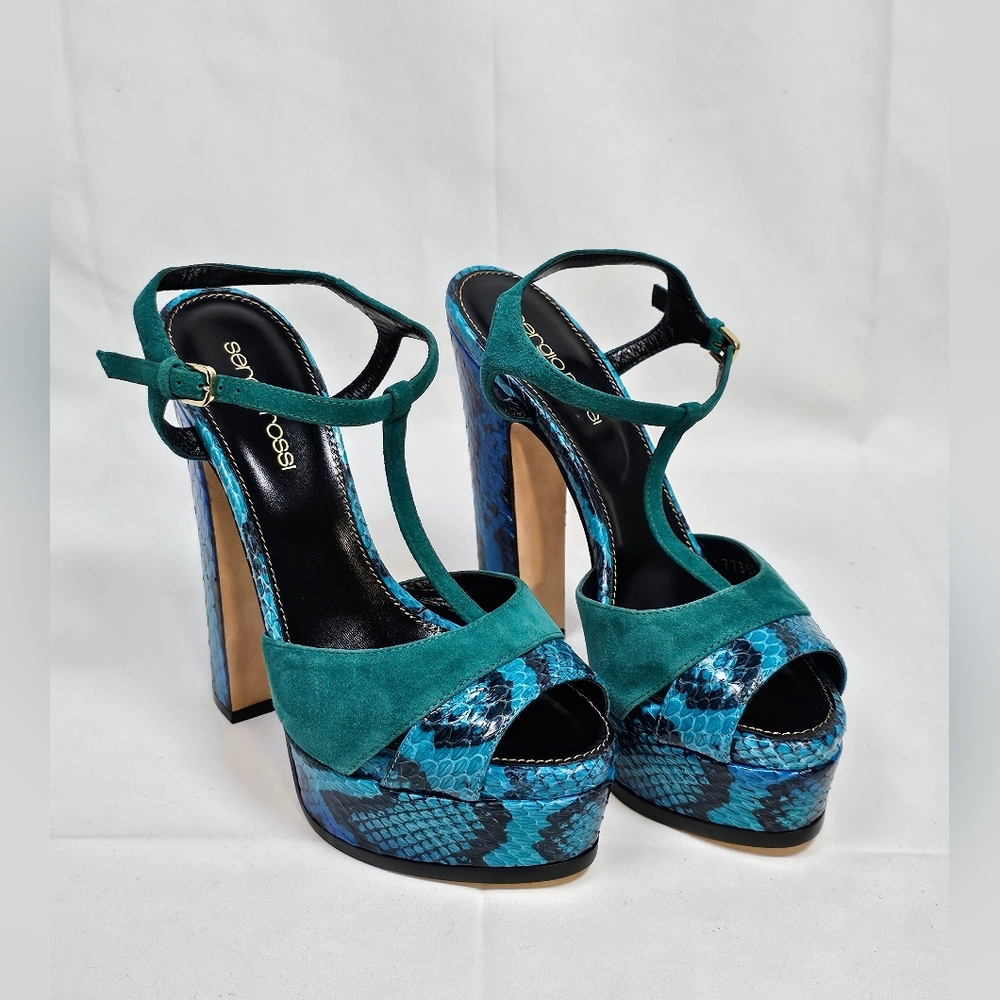 Sergio Rossi Elaphe Blue/Green Suede and Python Leather Platform Size US 5.5 - Picture 16 of 16